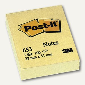 3M Haftnotizen Post-it Notes, gelb, 38 x 51 mm, Block á 100 Blatt, 653