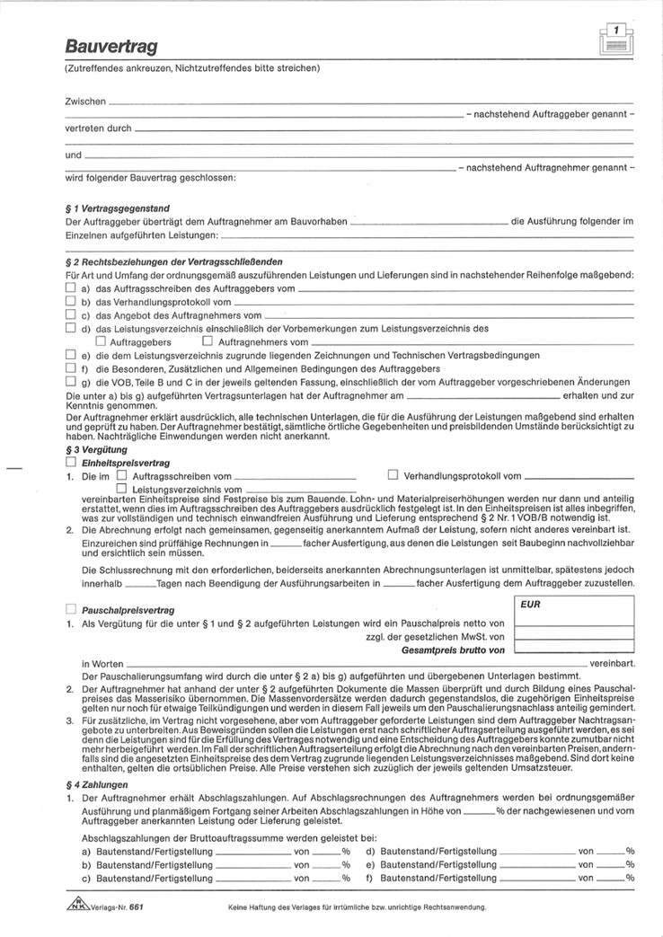 RNK Bauvertrag BGB Oder VOB DIN A4 2 seitig 20 St ck 661 RNK Bauvertrag BGB Oder VOB DIN A4 2 seitig 20 St ck 661