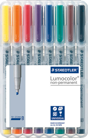 Lot De 8 Feutres Staedtler 312 WP8 - Pointe Biseautée 1.0-2.5mm, Encre Non Permanente Bleue, Effaçable