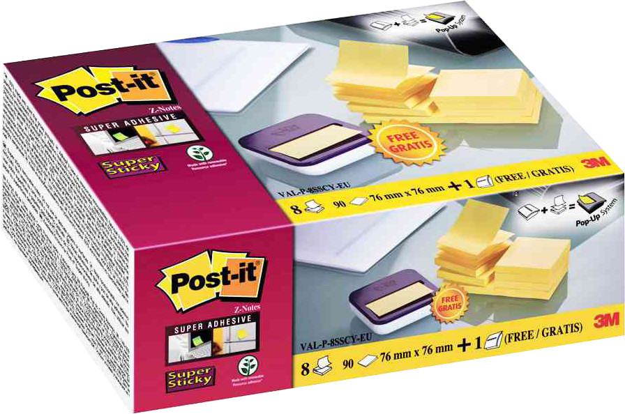 Postit Haftnotizen ZNotes + Spender, 8 Blöcke 76x76 mm/gelb, VALP