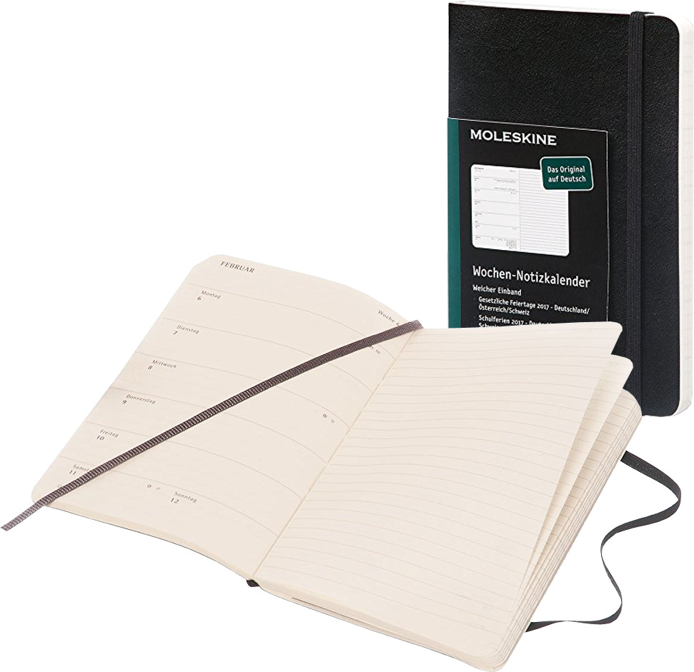 Moleskine Kalender 1 Woche/2 Seiten, li.Kalendarium/re.Notizen, ca. A6, Hardcover, schwarz 