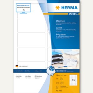 Inkjet-Etiketten A4 - 38.1 x 21.2 mm, permanent, spitz, Rand, weiß, 6.500 Stück