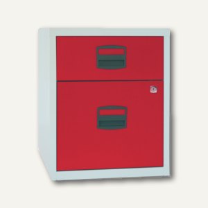 Büroschubladenschrank, 1 Material-, 1 HR-Schub, Rollen, grau / rot