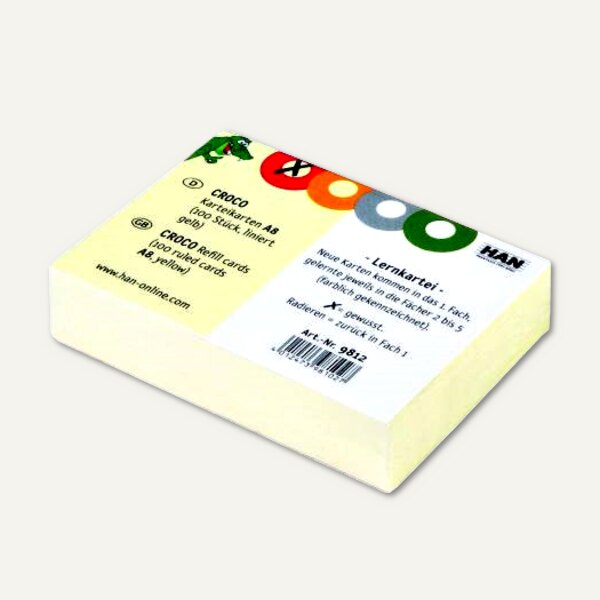 Fiches D'Index HAN Format A8 Paysage - 190 G/m², Lignées, Jaune, Lot De 100, Pour Système Croco