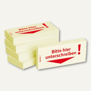 Haftnotizen bedruckt: Bitte hier unterschreiben! / Pfeil nach unten