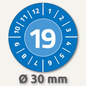 Prüfplaketten 2019 mit Monaten, (Ø)30 mm, wetterfest, blau, 80 Stück, 6944