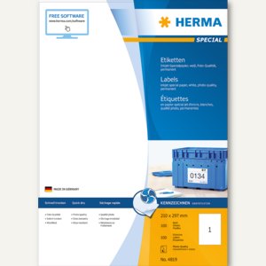 Herma Inkjet-Etiketten A4 - 210 x 297 mm, permanent, weiß, 100 Stück, 4819