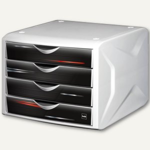 Schubladenbox mit 4 Schüben, DIN A4, Dekor: advanced, PP, weiß/schwarz, H6129795