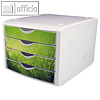 Schubladenbox mit 4 Schüben, DIN A4, Dekor: springtime, PP, weiß/grün, H6129650