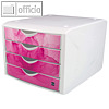 Schubladenbox mit 4 Schüben, DIN A4, Dekor: wild flower, PP, weiß/pink, H6129626